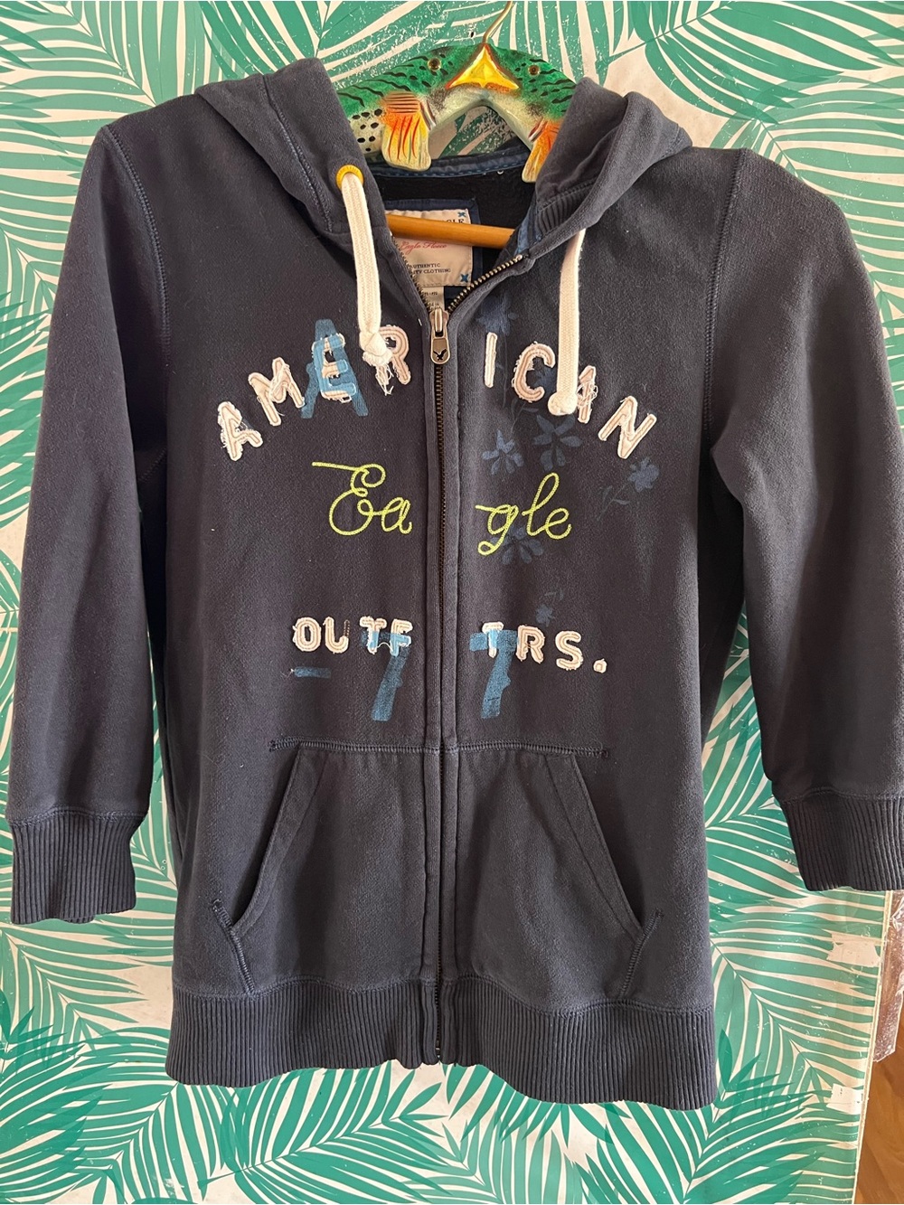 Vintage American Eagle Outfitters Navy Zip Hoodie quarter sleeves Fleece Sz M